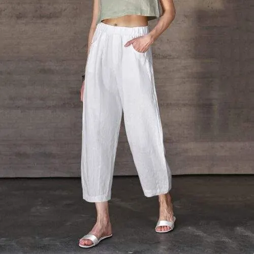 100% Linen Straight Leg Pants for Women – Elastic Waist Loose Fit Casual Trousers - product detail image 1 by TRANSION