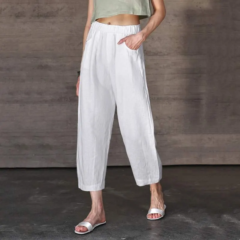 100% Linen Straight Leg Pants for Women – Elastic Waist Loose Fit Casual Trousers - product detail image 1 by TRANSION