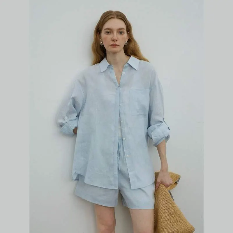 Solid Color Linen Oversized Shirt for Women – Loose Fit Casual Long Sleeve Top - product detail image 1 by TRANSION