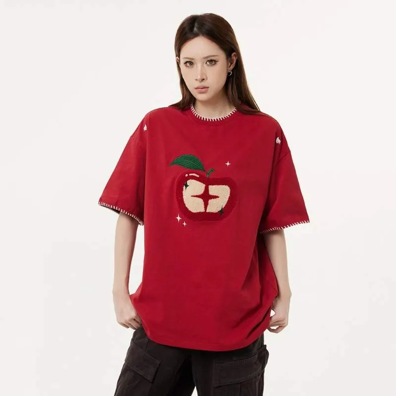 Terry Embroidered Short Sleeve T-Shirt – Loose Fit Casual Women’s Top - product detail image 2 by TRANSION