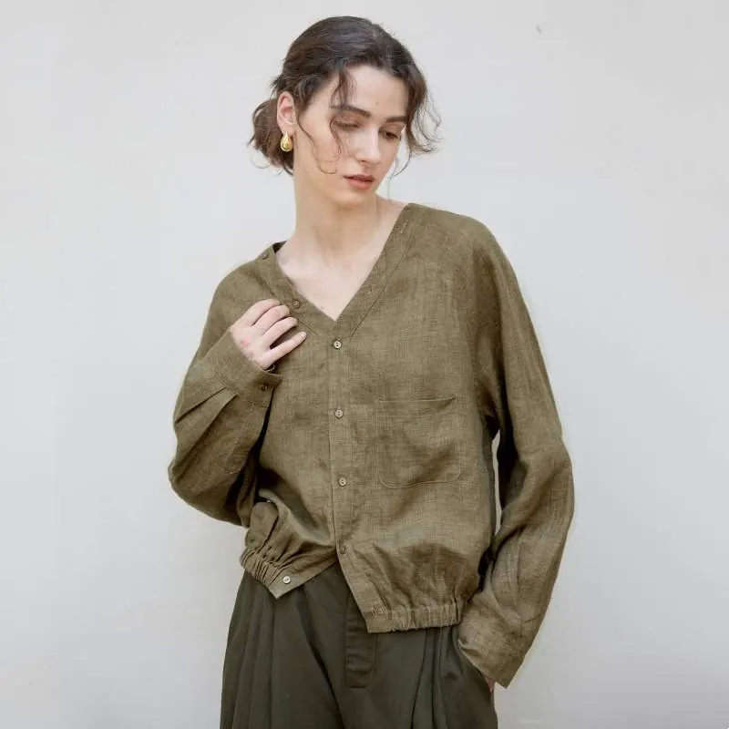 100% Linen V-Neck Raglan Sleeve Shirt for Women – Loose Cocoon Fit Long Sleeve Top - product detail image 3 by TRANSION
