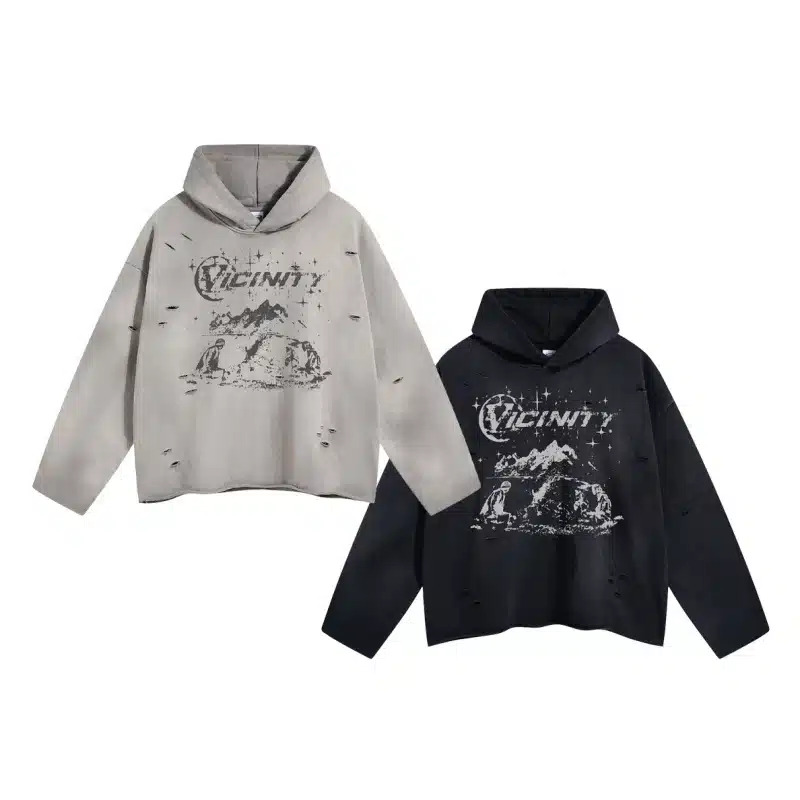 Autumn Distressed Printed Hoodie with Raw Edge – Vintage Streetwear Unisex Sweatshirt - product detail image 4 by TRANSION