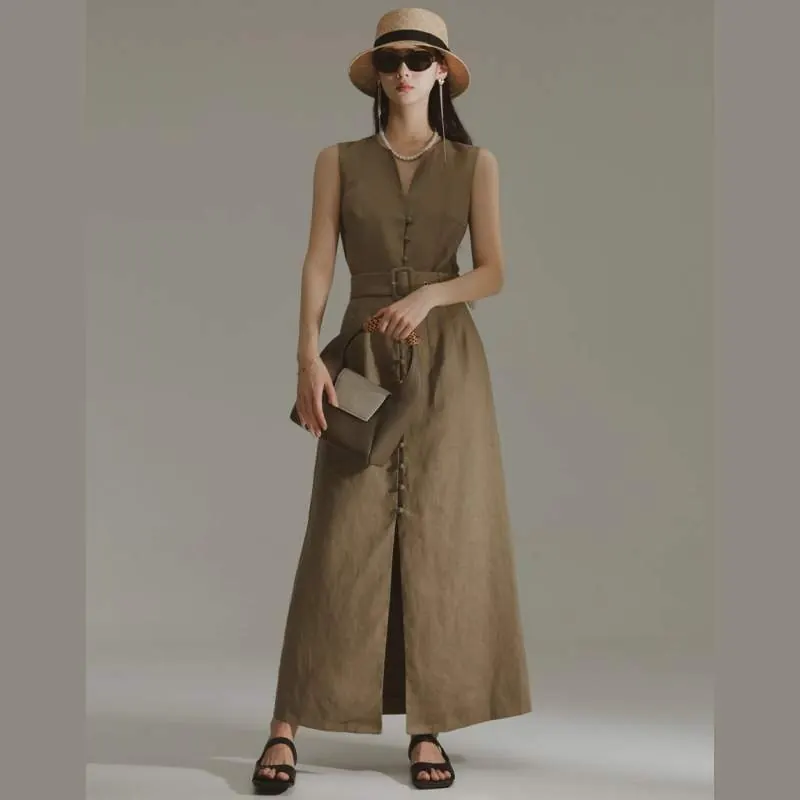 Minimalist Linen Maxi Dress for Women – High Waist Tie Sleeveless Side Slit Summer Dress - product detail image 2 by TRANSION