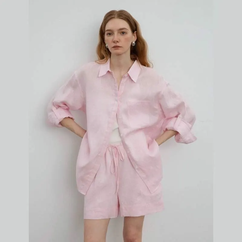 Solid Color Linen Oversized Shirt for Women – Loose Fit Casual Long Sleeve Top - product detail image 4 by TRANSION