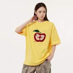 Terry Embroidered Short Sleeve T-Shirt – Loose Fit Casual Women’s Top