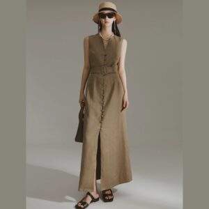 Minimalist Linen Maxi Dress for Women – High Waist Tie Sleeveless Side Slit Summer Dress