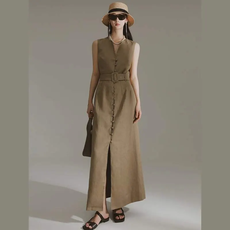 Minimalist Linen Maxi Dress for Women – High Waist Tie Sleeveless Side Slit Summer Dress - custom OEM apparel by TRANSION