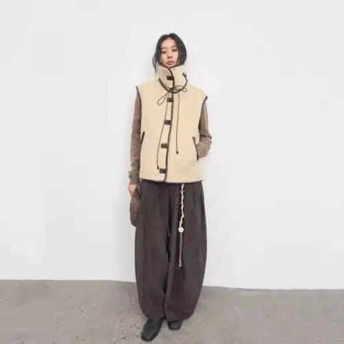 Vintage Color Block Leather Look Sherpa-Lined Padded Vest Jacket - custom OEM apparel by TRANSION