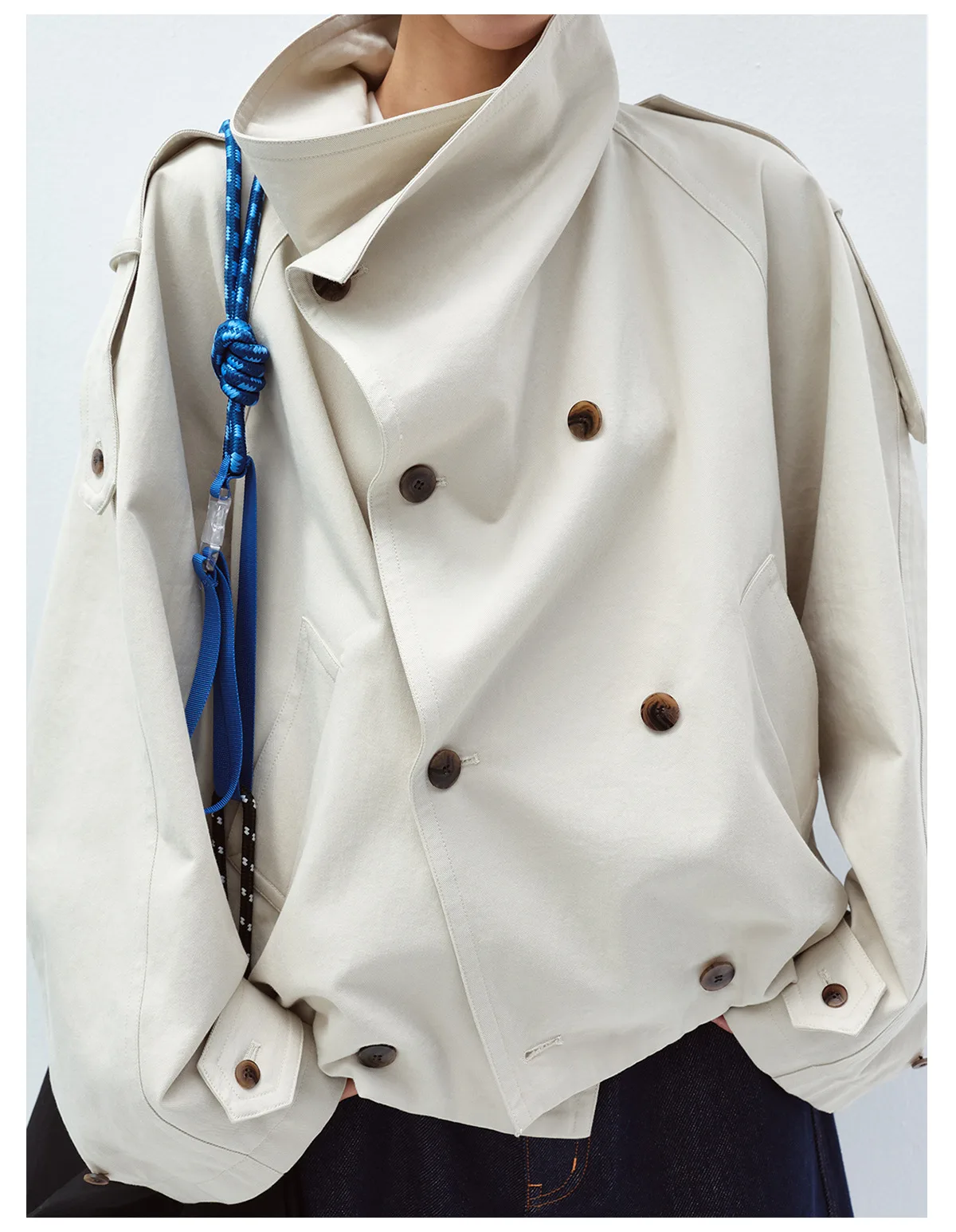 Women's Cotton Short Trench Coat Double Breasted Long Sleeve Jacket - Image 5