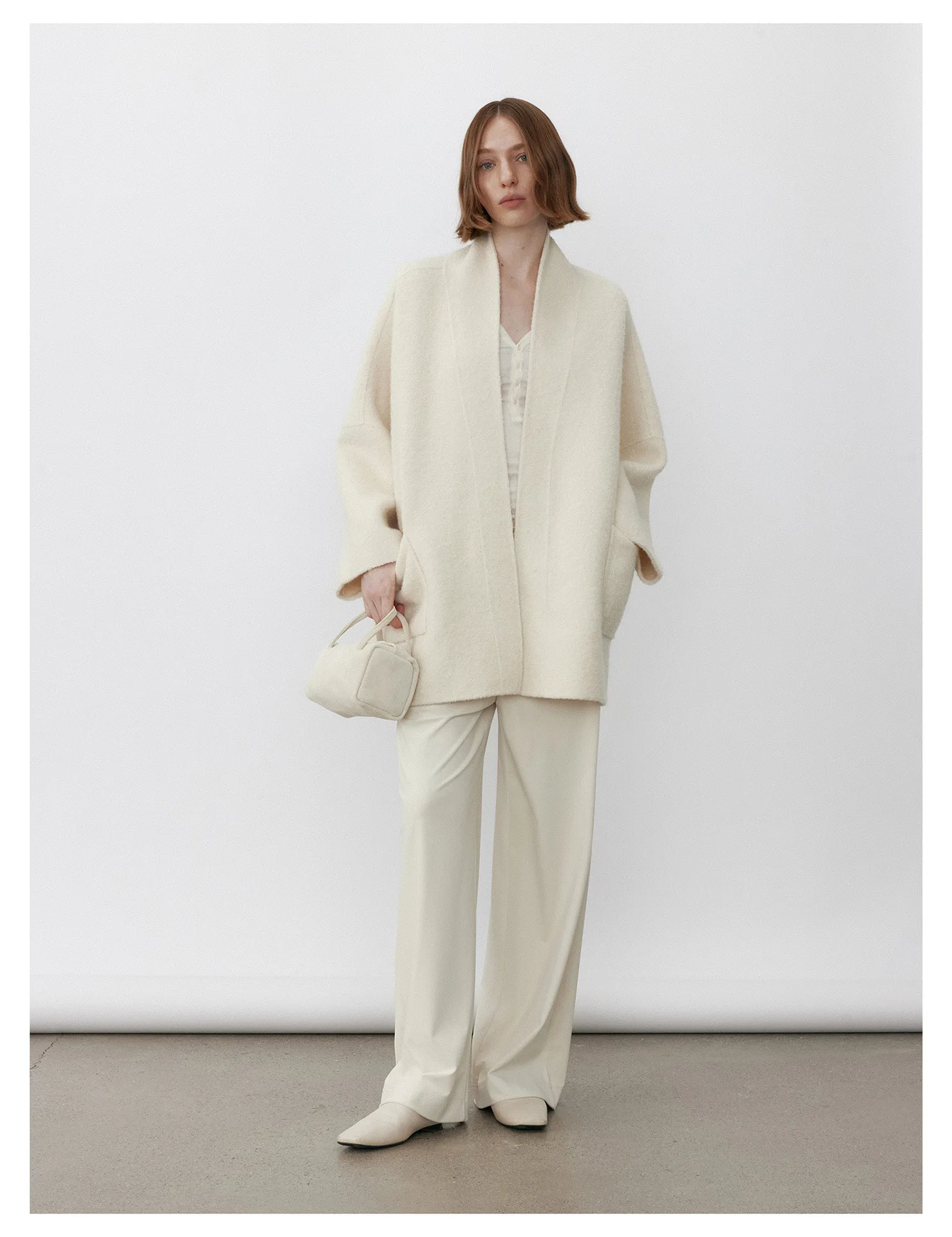 Women’s Collarless Mid-Length Loop Wool Coat – Relaxed Fit Textured Winter Outerwear - Image 4