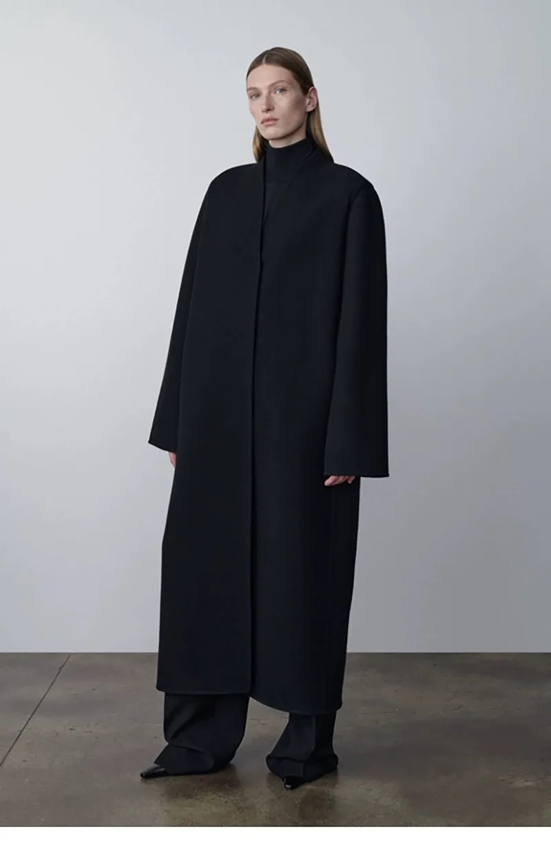 Women’s Cashmere Wool Double-Faced V-Neck Coat with Hidden Button Closure - Image 4