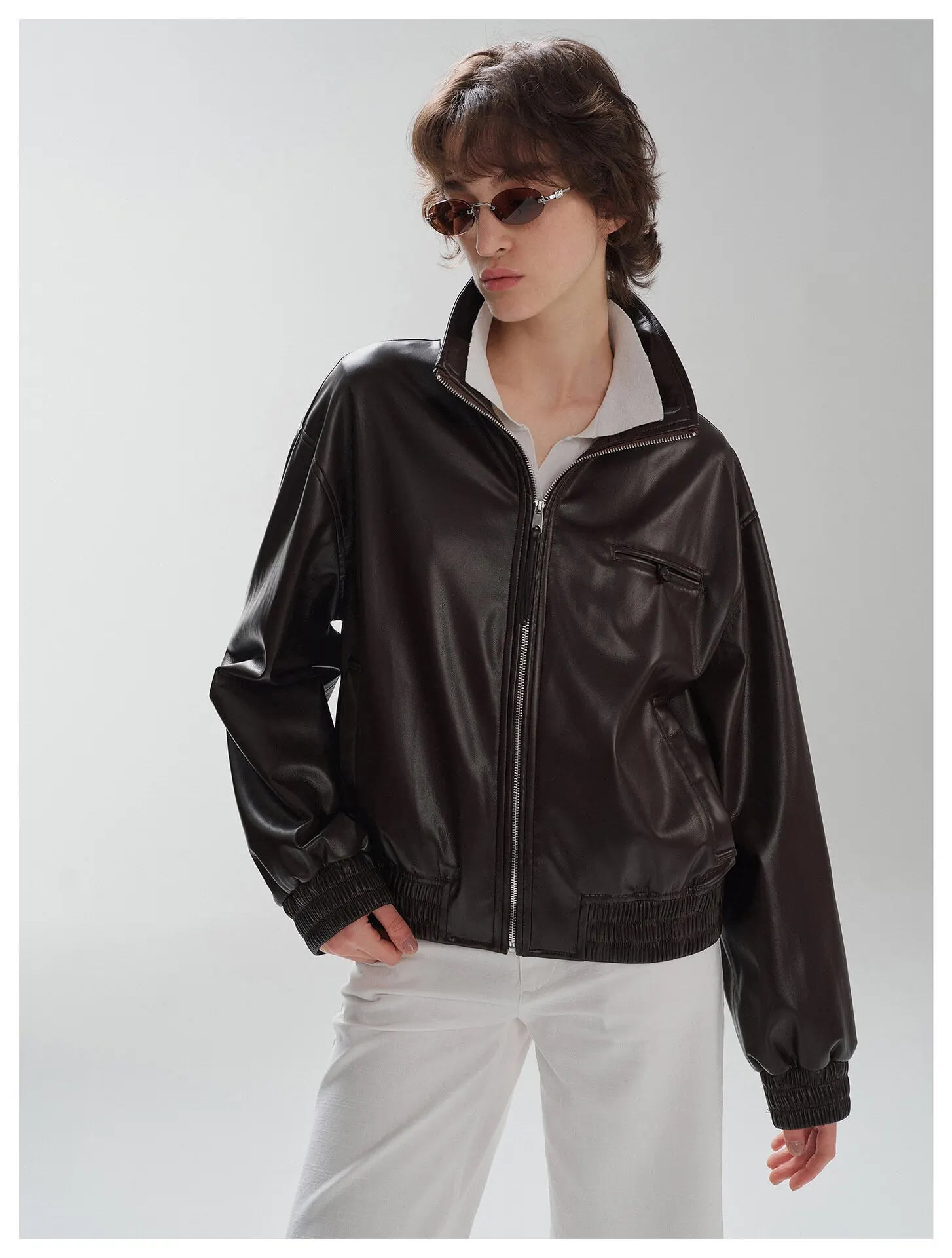 Women’s Stand Collar Leather Jacket – Oversized Zip Up Faux Leather Coat Casual Biker Jacket