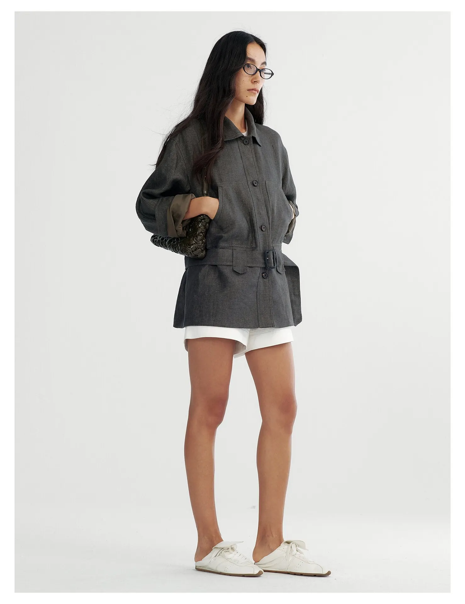 Women's Belted Linen Jacket – Relaxed Fit Single Breasted Lapel Blazer for Fall