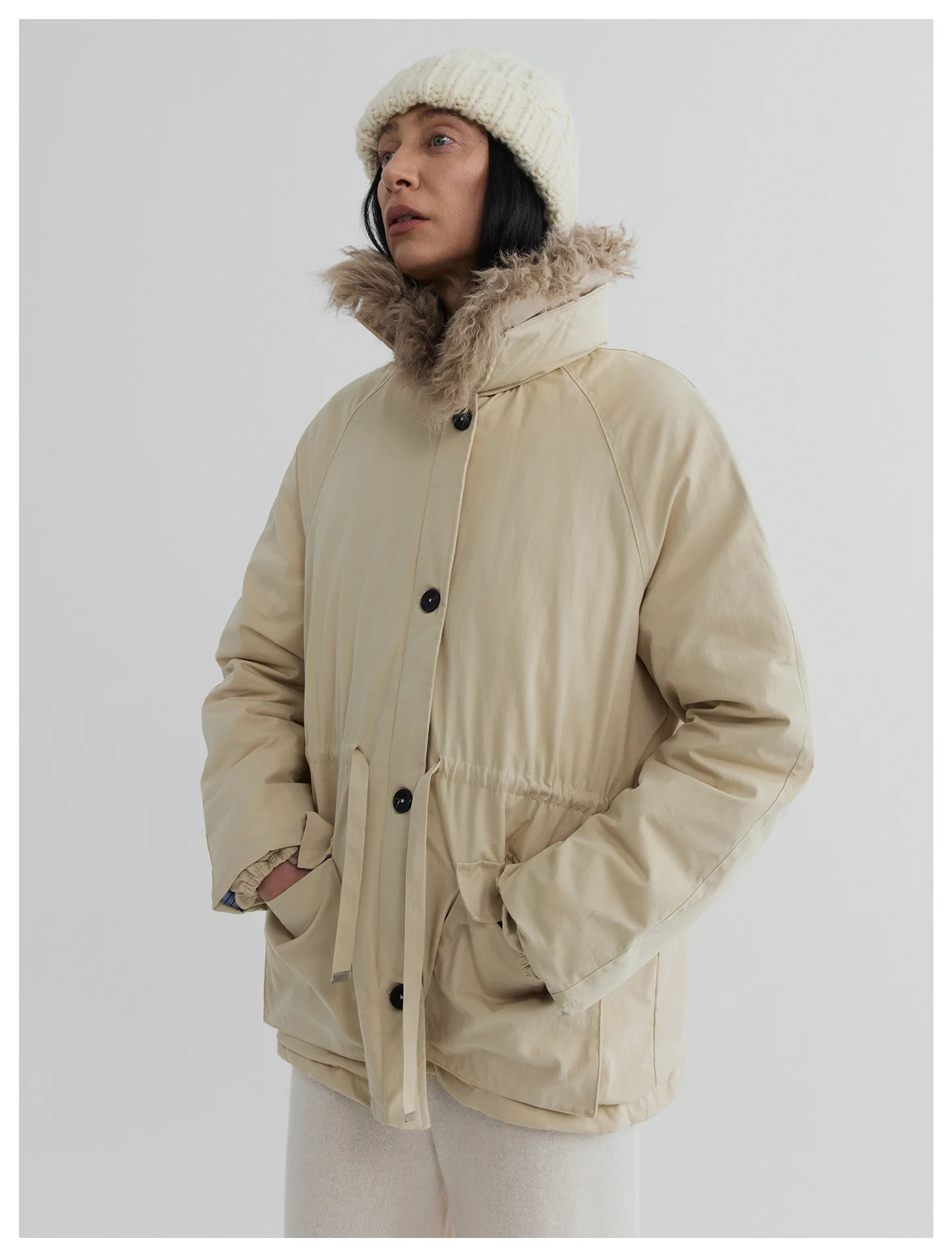 Women’s Shearling Wool Collar White Duck Down Drawstring Waist Utility Jacket – Warm Winter Outerwear - Image 3