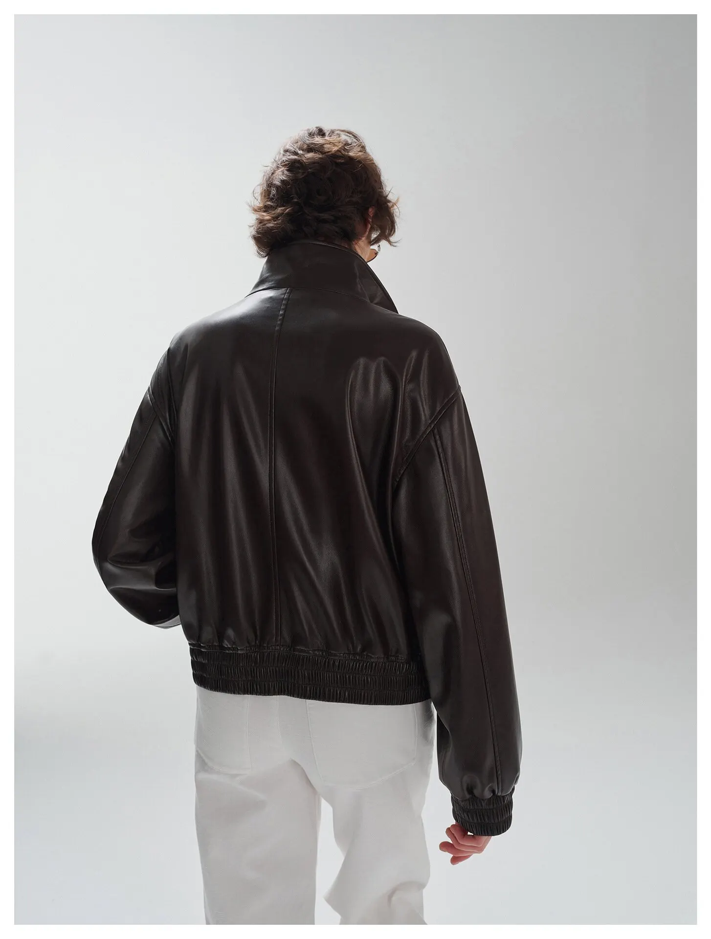 Women’s Stand Collar Leather Jacket – Oversized Zip Up Faux Leather Coat Casual Biker Jacket - Image 5