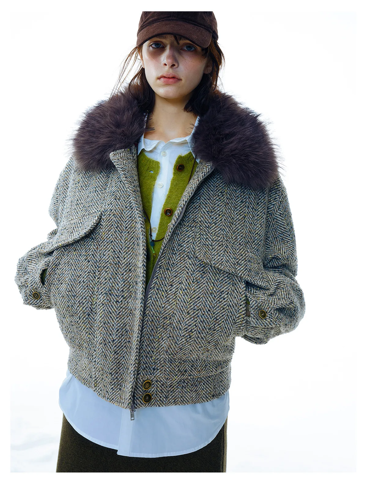 Women's Vintage Tweed Jacket with Faux Fur Collar, Wool Blend Zip Up Coat, Long Sleeve Retro Outerwear - Image 4
