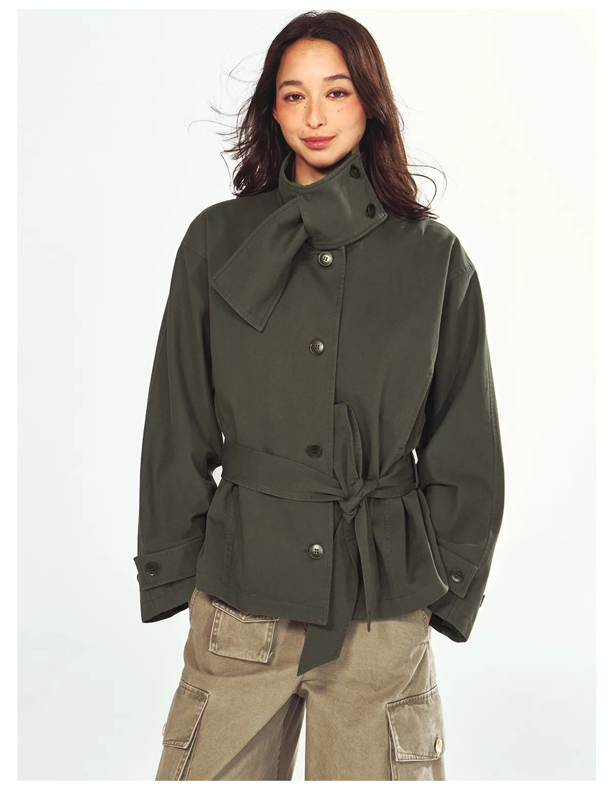 Women's Cotton High Neck Trench Jacket, Long Sleeve Short Windbreaker Coat with Waist Tie Belt, Casual Outerwear - Image 3