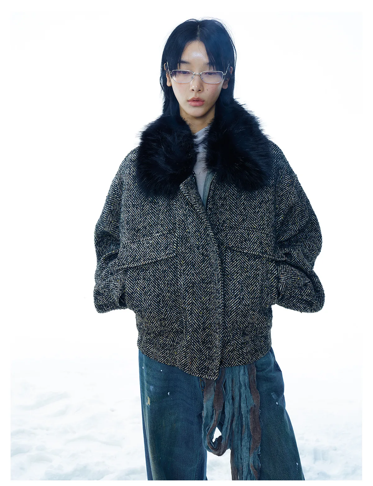Women's Vintage Tweed Jacket with Faux Fur Collar, Wool Blend Zip Up Coat, Long Sleeve Retro Outerwear - Image 5