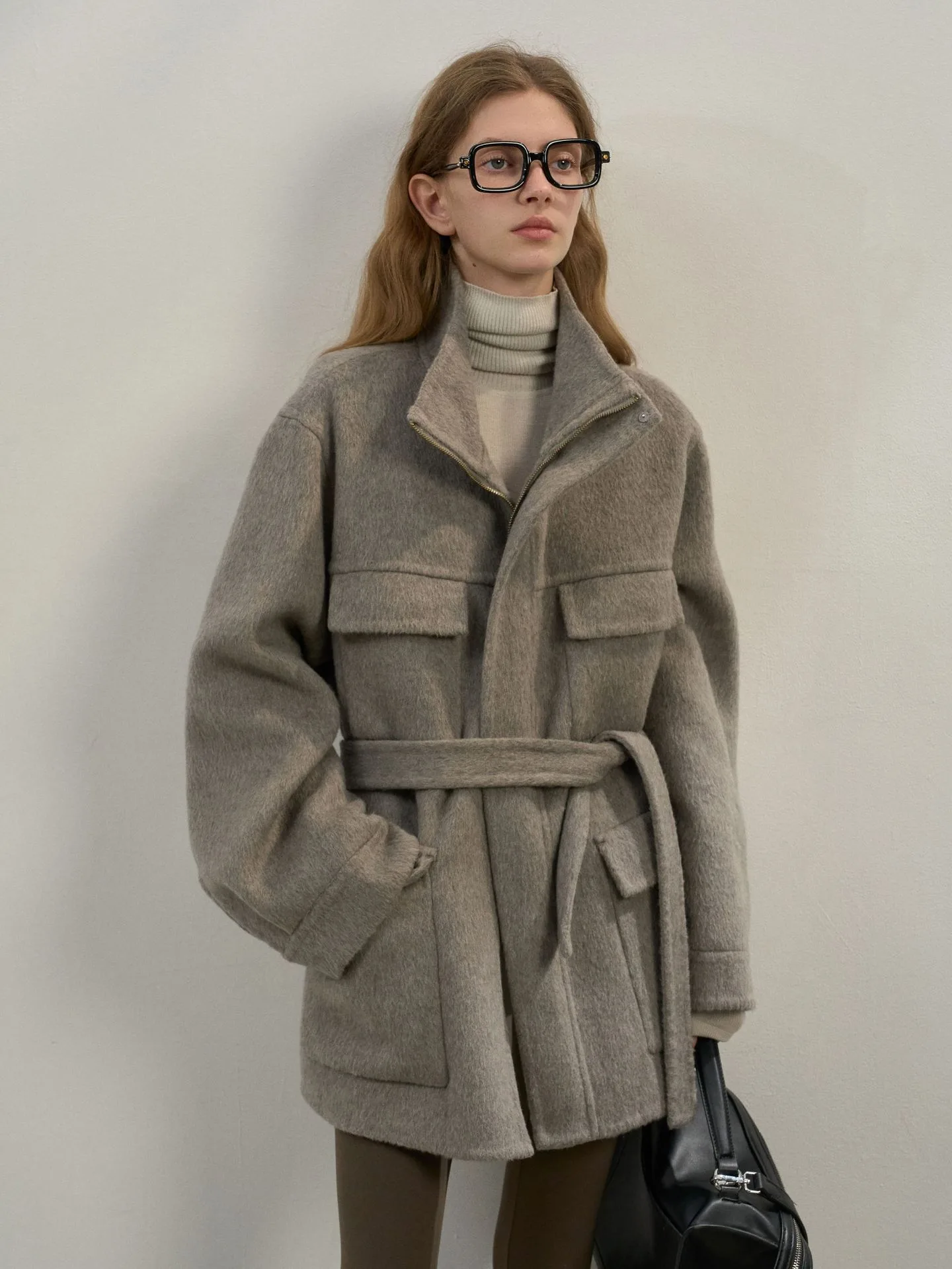 Women’s 100% Wool Jacket – Double Patch Pocket Belted Wool Coat Adjustable Waist Outerwear - Image 3
