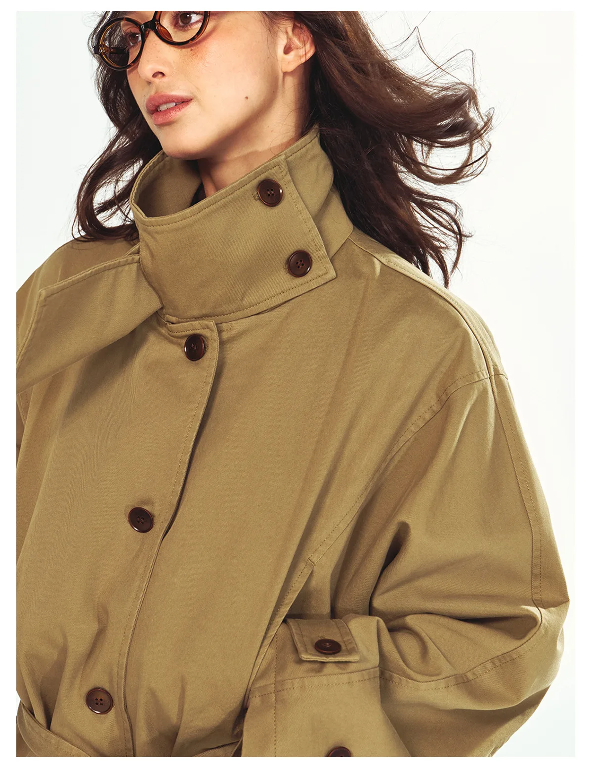 Women's Cotton High Neck Trench Jacket, Long Sleeve Short Windbreaker Coat with Waist Tie Belt, Casual Outerwear - Image 2