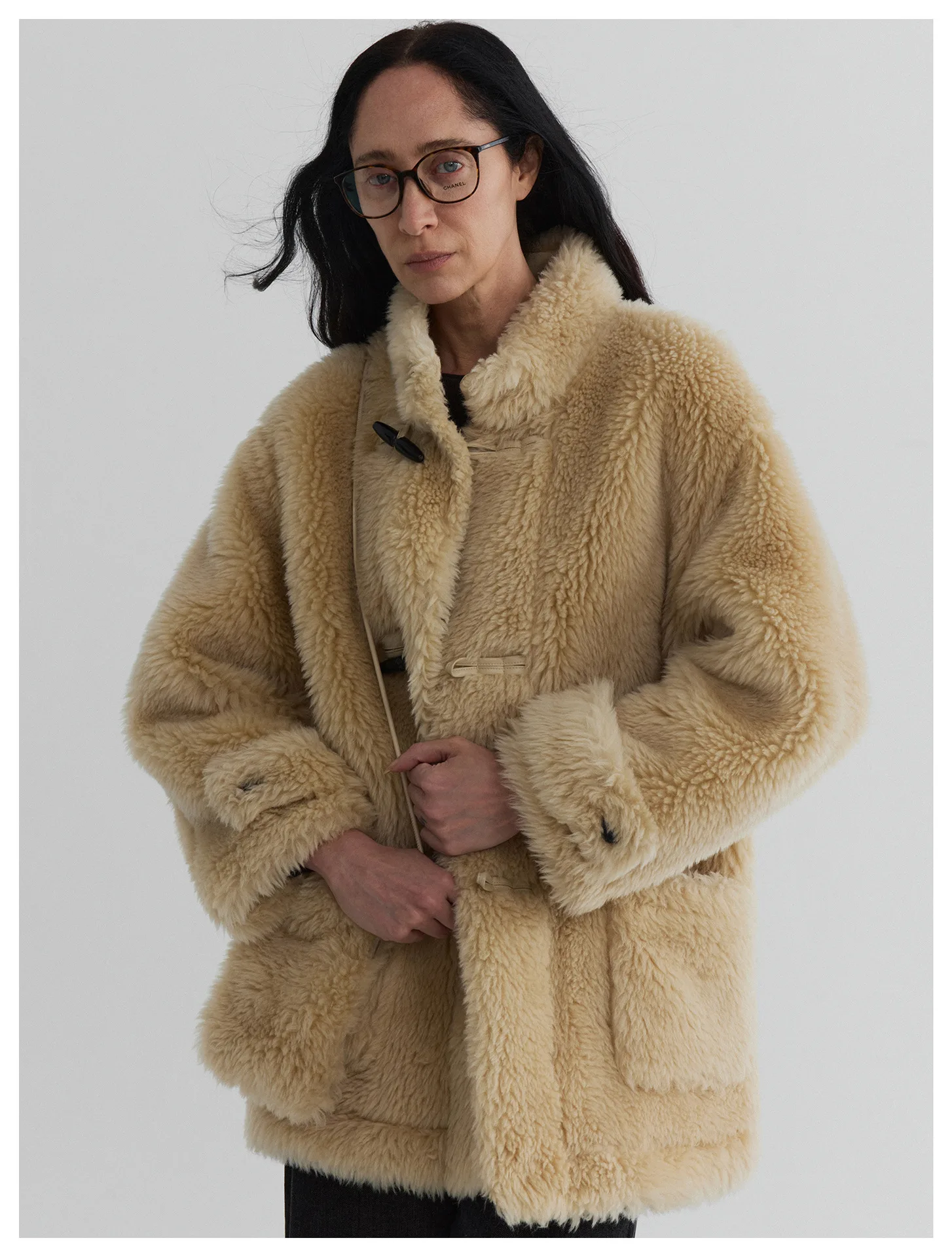 Women’s Horn Button Stand Collar Eco Fur Shearling Coat – Warm Winter Faux Fur Outerwear - Image 7