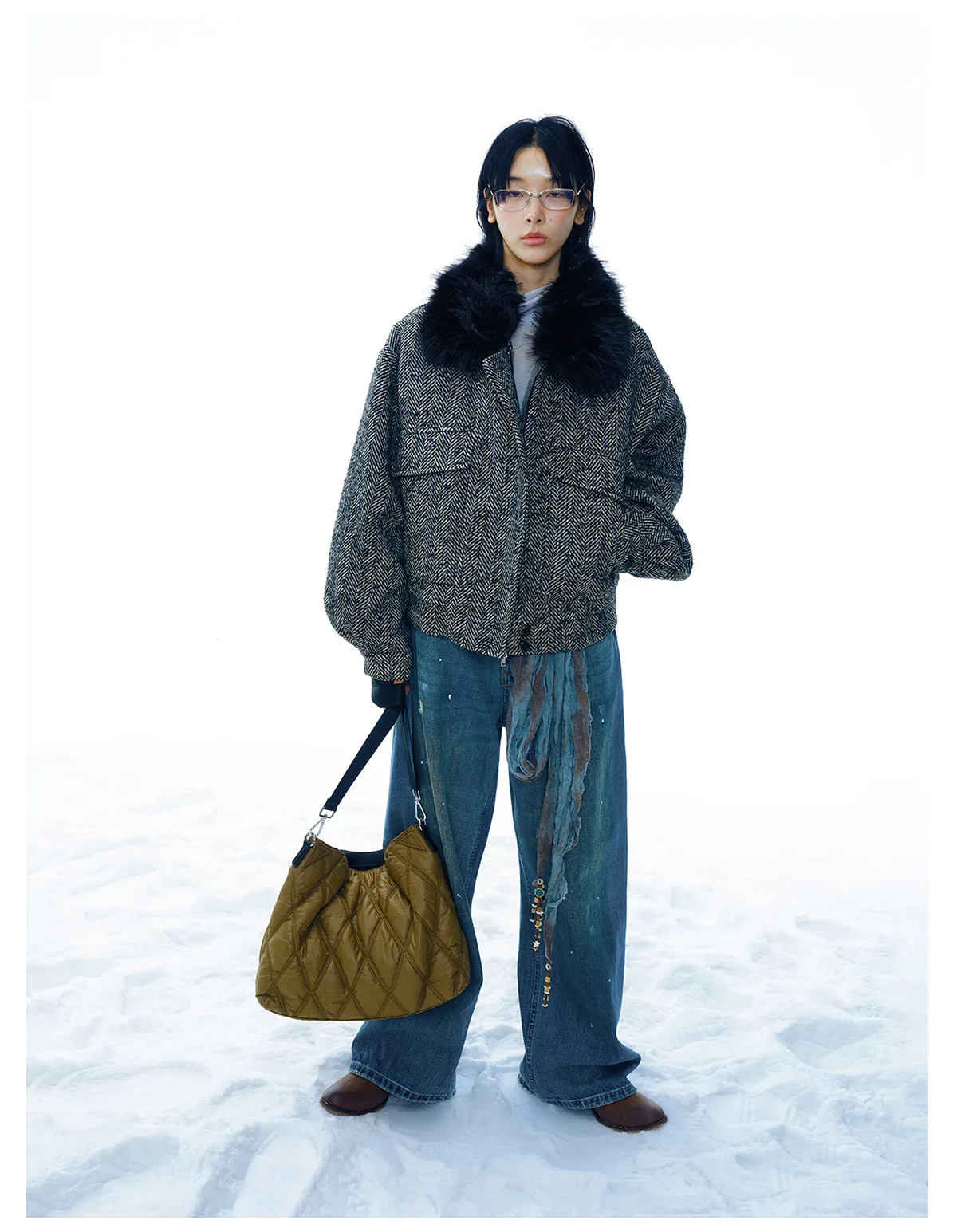 Women's Vintage Tweed Jacket with Faux Fur Collar, Wool Blend Zip Up Coat, Long Sleeve Retro Outerwear - Image 6