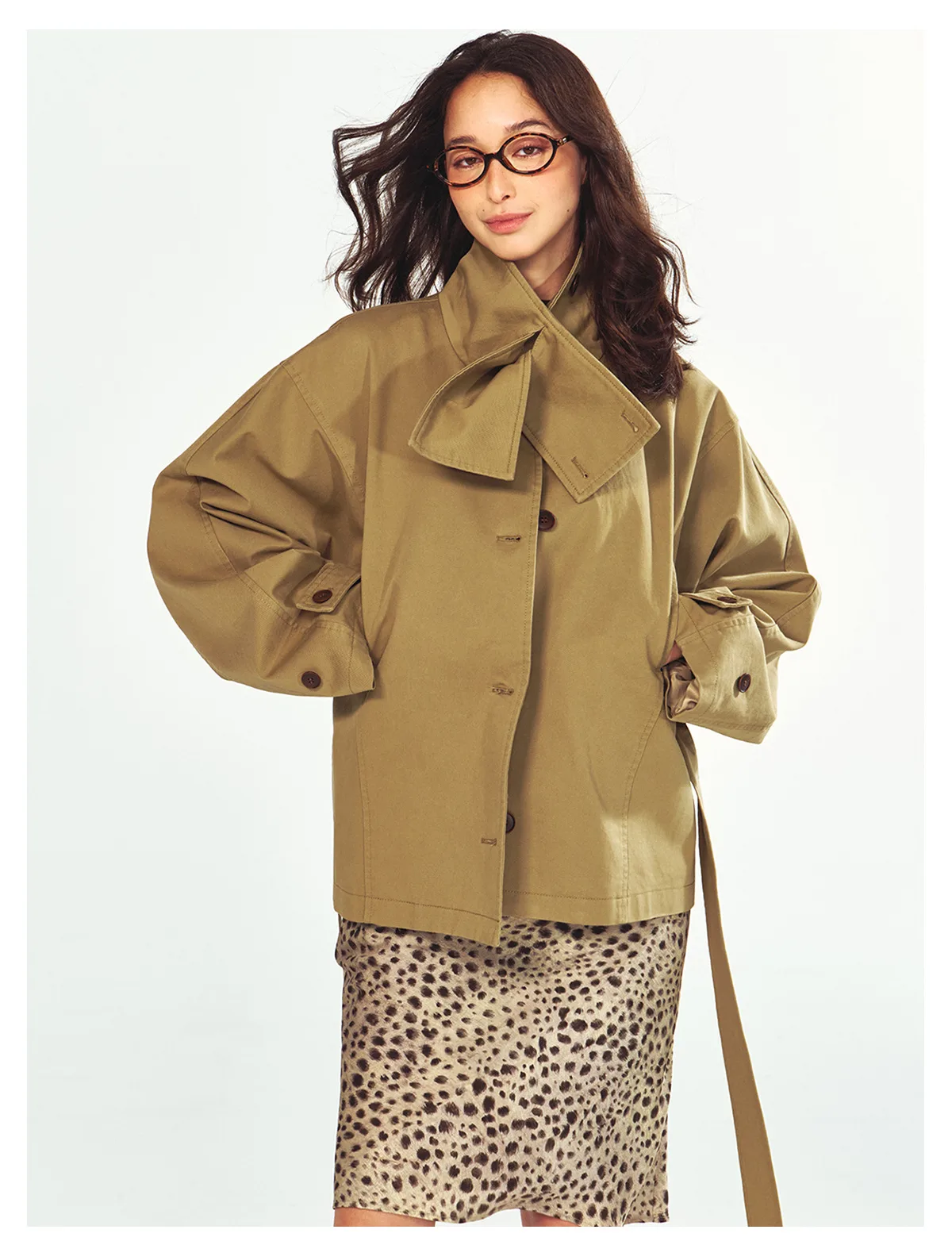 Women's Cotton High Neck Trench Jacket, Long Sleeve Short Windbreaker Coat with Waist Tie Belt, Casual Outerwear
