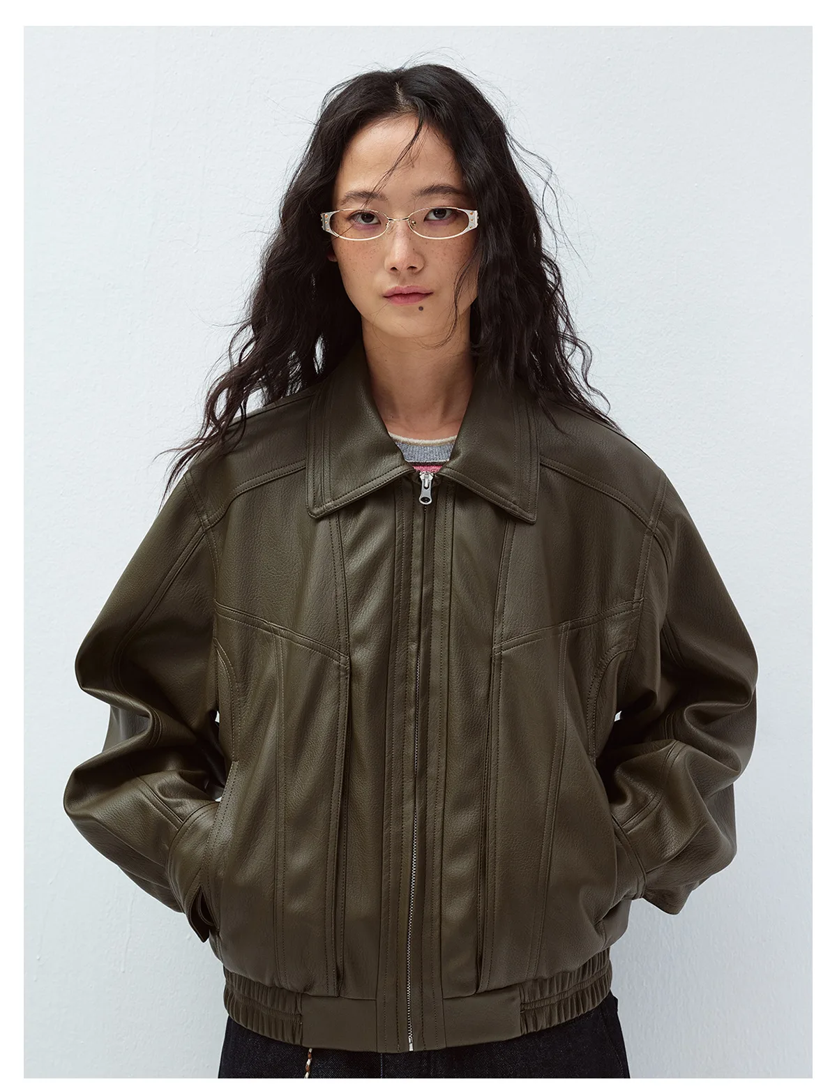 Women's Leather Jacket, Long Sleeve Lapel Collar Loose Fit Coat, Casual Oversized Motorcycle Outerwear