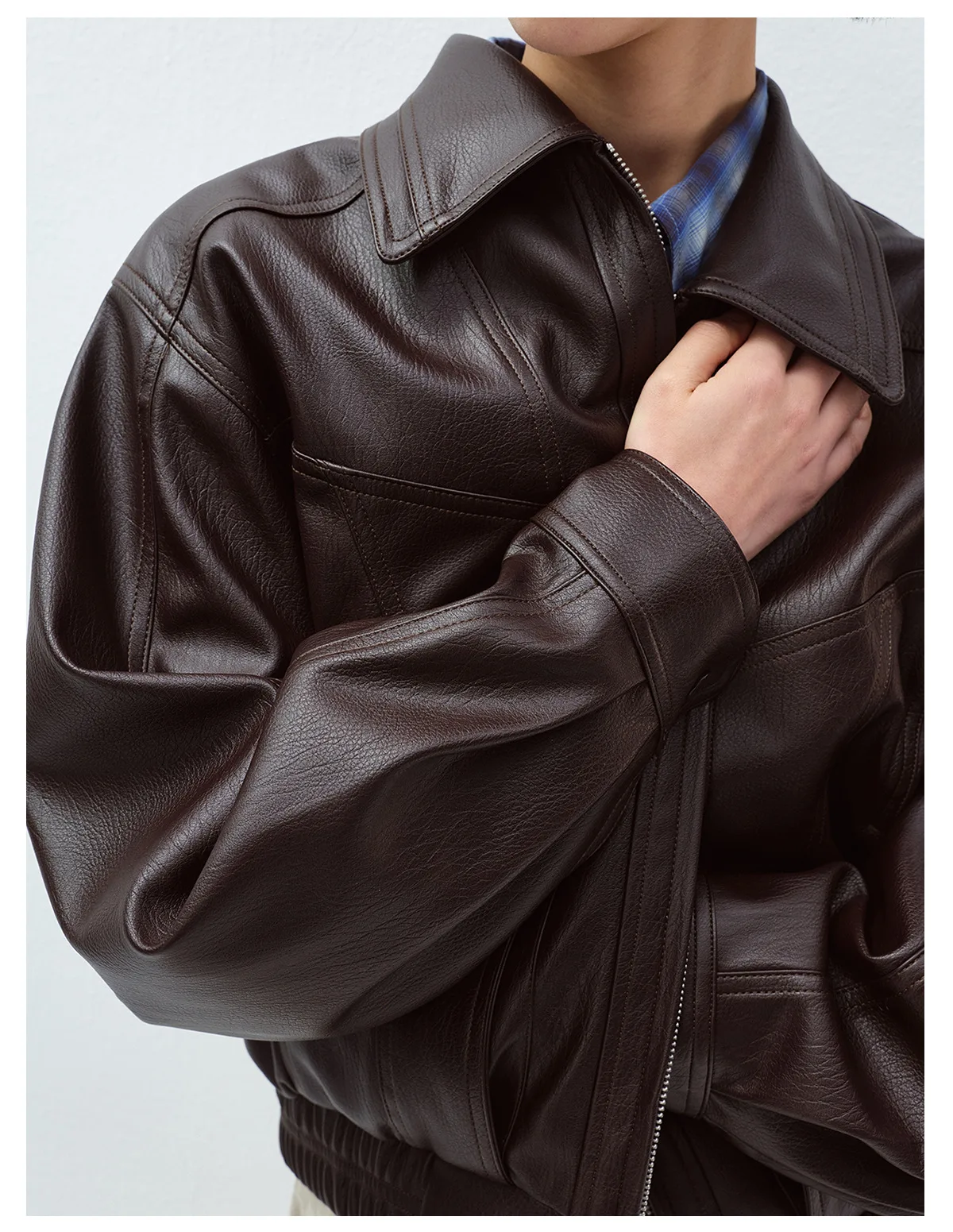 Women's Leather Jacket, Long Sleeve Lapel Collar Loose Fit Coat, Casual Oversized Motorcycle Outerwear - Image 7