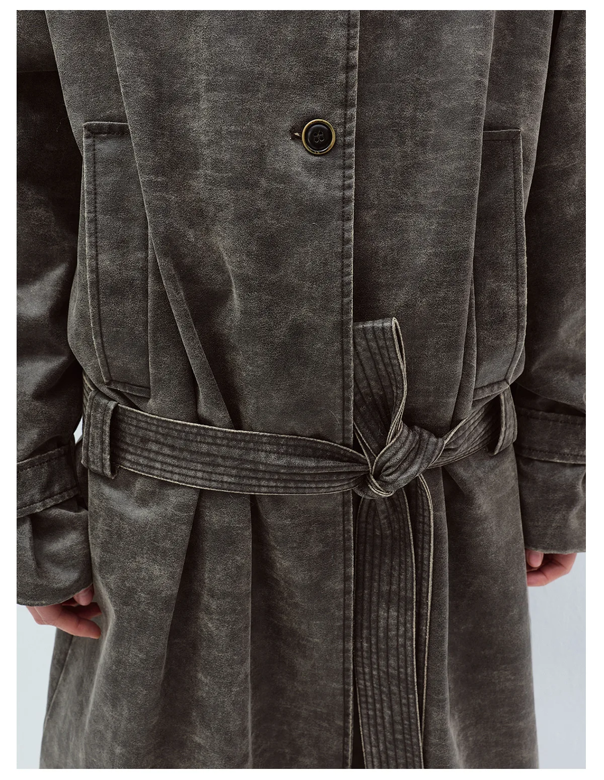 Women's Vintage Washed Trench Coat, Single Breasted Long Sleeve Jacket with Waist Tie Belt, Distressed Casual Outerwear - Image 6