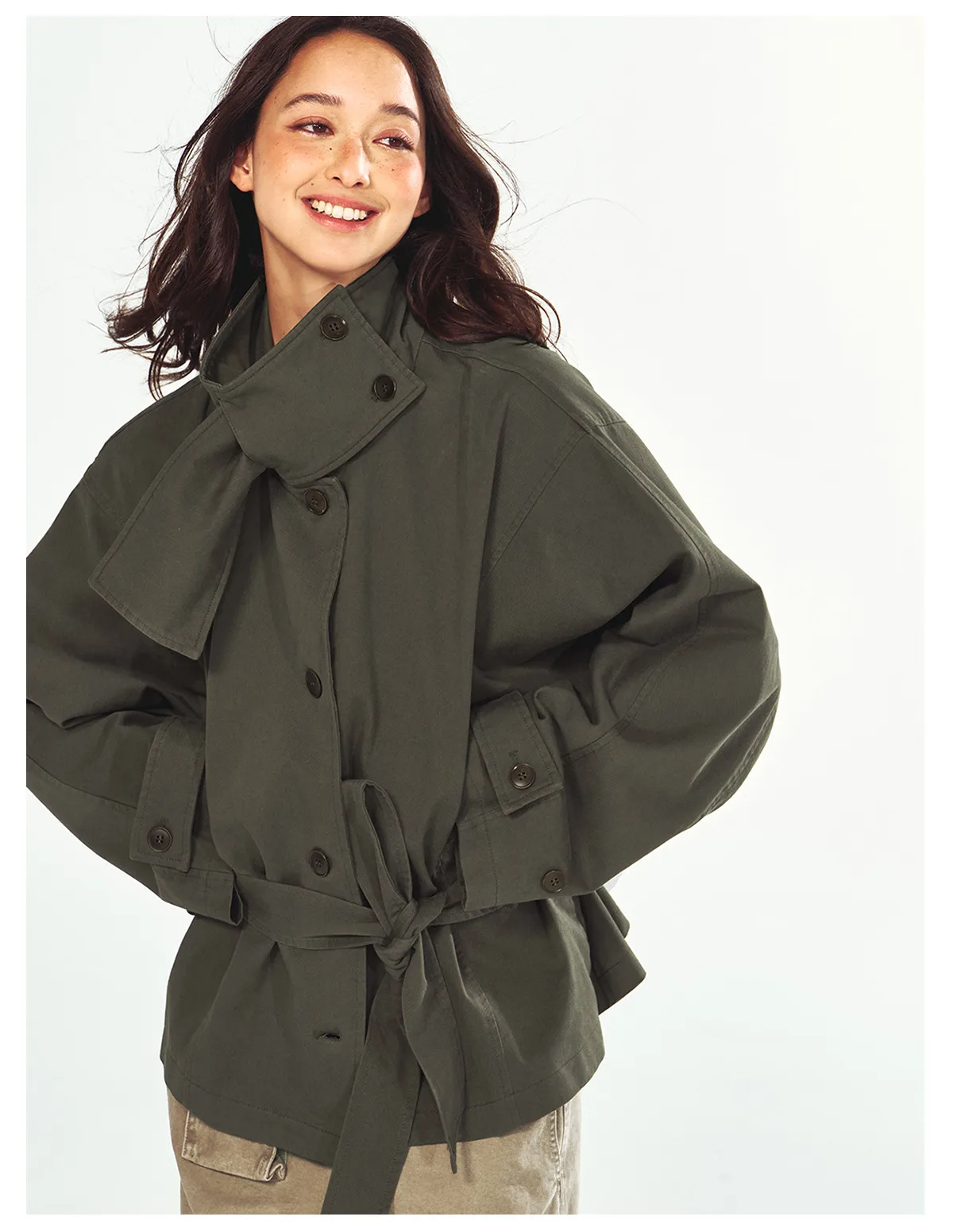Women's Cotton High Neck Trench Jacket, Long Sleeve Short Windbreaker Coat with Waist Tie Belt, Casual Outerwear - Image 4