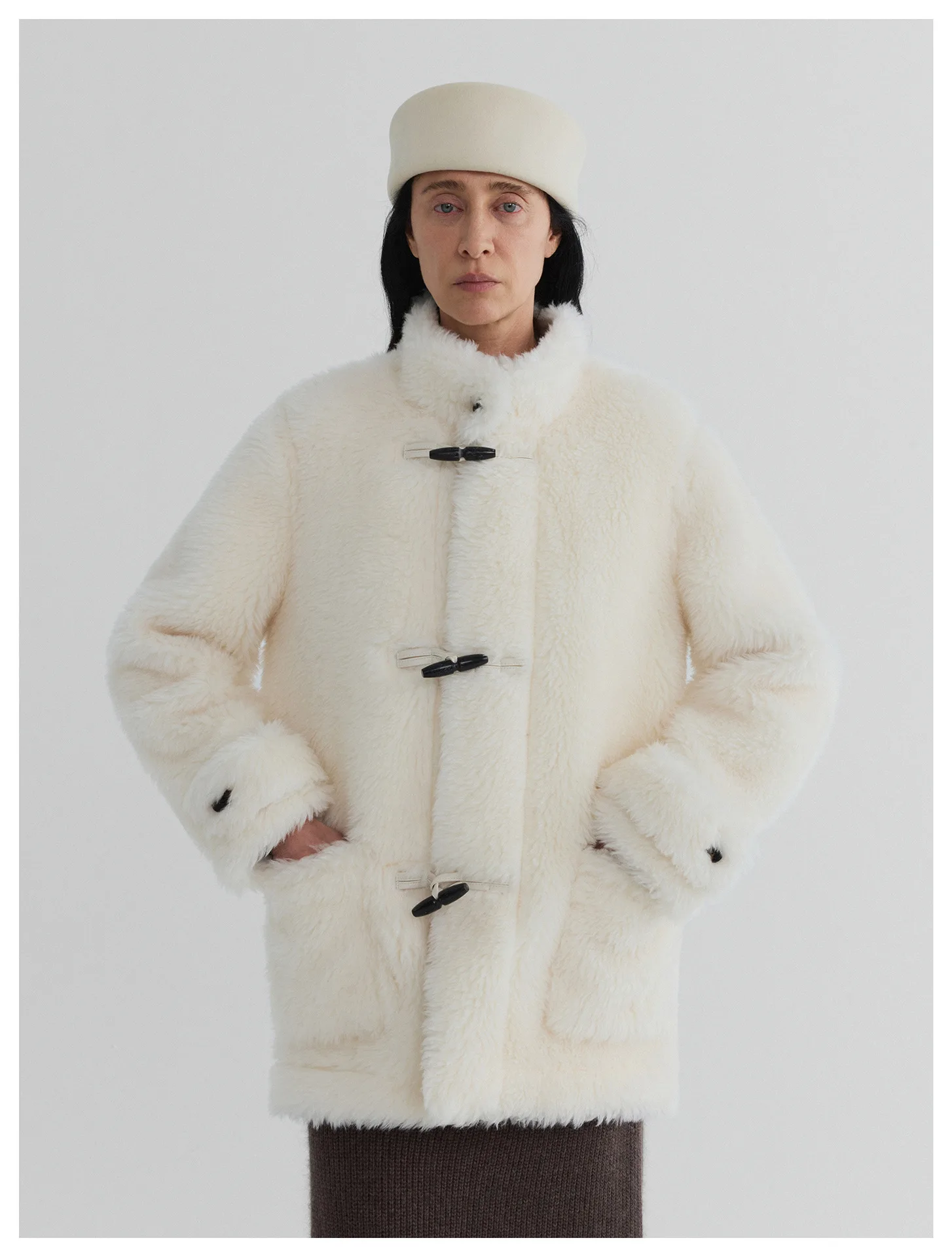 Women’s Horn Button Stand Collar Eco Fur Shearling Coat – Warm Winter Faux Fur Outerwear - Image 3