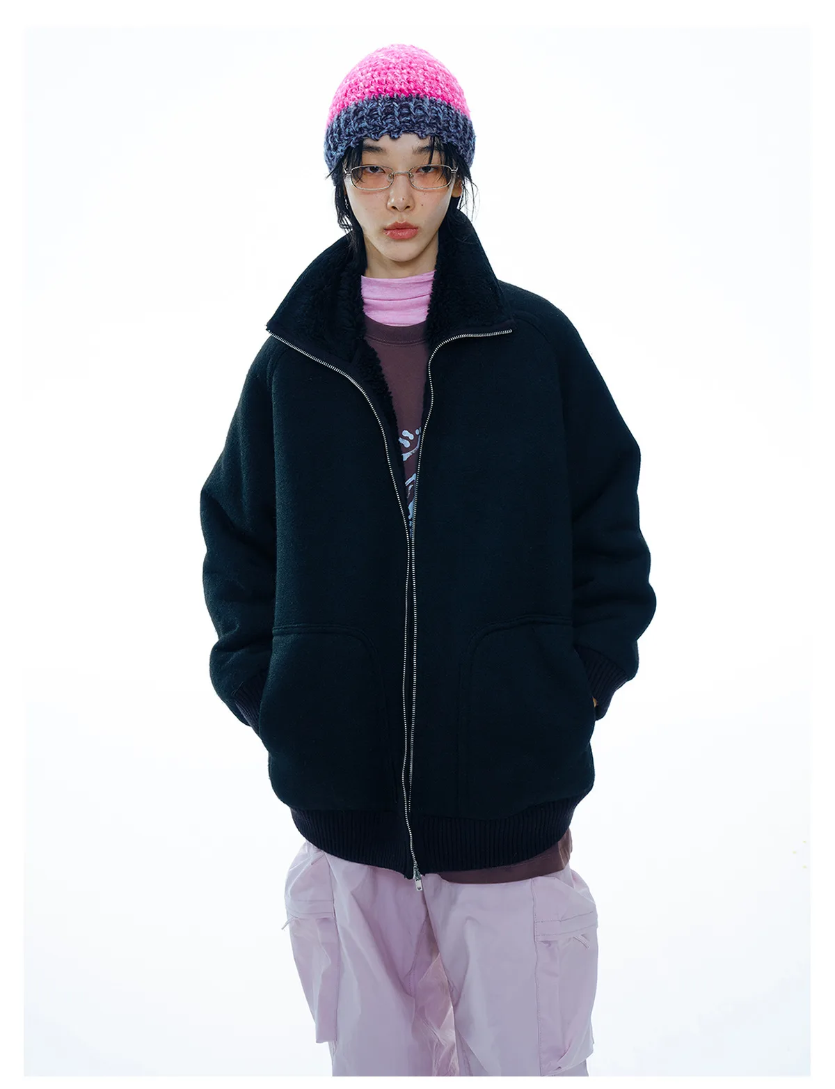 Women's Wool Blend Fleece Jacket, Warm Long Sleeve Zip Up Coat with Large Pockets, Cozy Casual Outerwear - Image 6