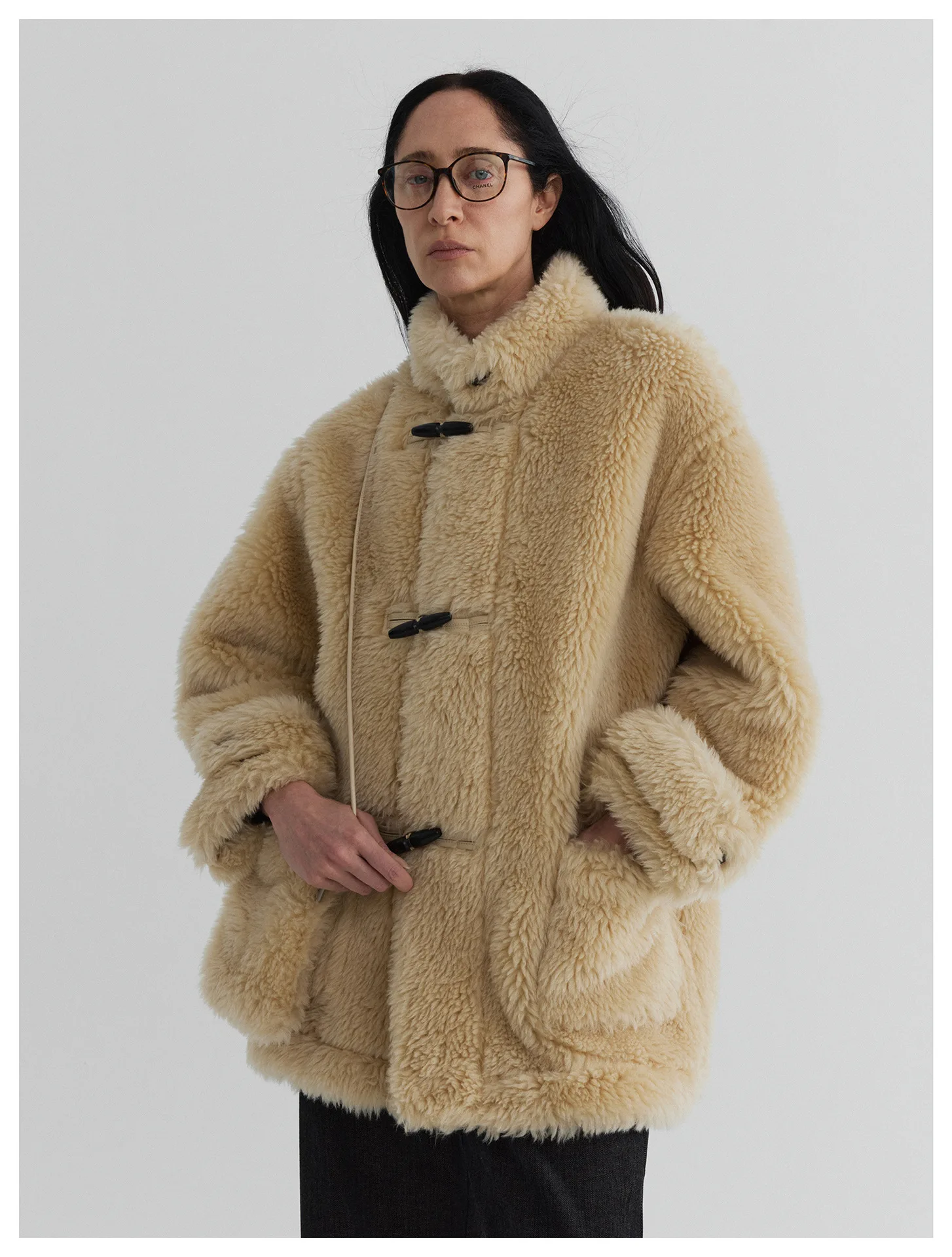Women’s Horn Button Stand Collar Eco Fur Shearling Coat – Warm Winter Faux Fur Outerwear - Image 5