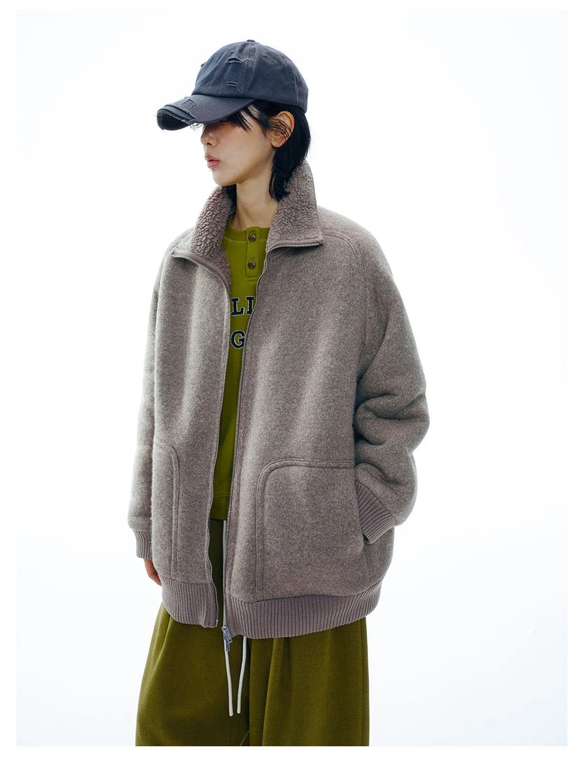 Women's Wool Blend Fleece Jacket, Warm Long Sleeve Zip Up Coat with Large Pockets, Cozy Casual Outerwear - Image 2