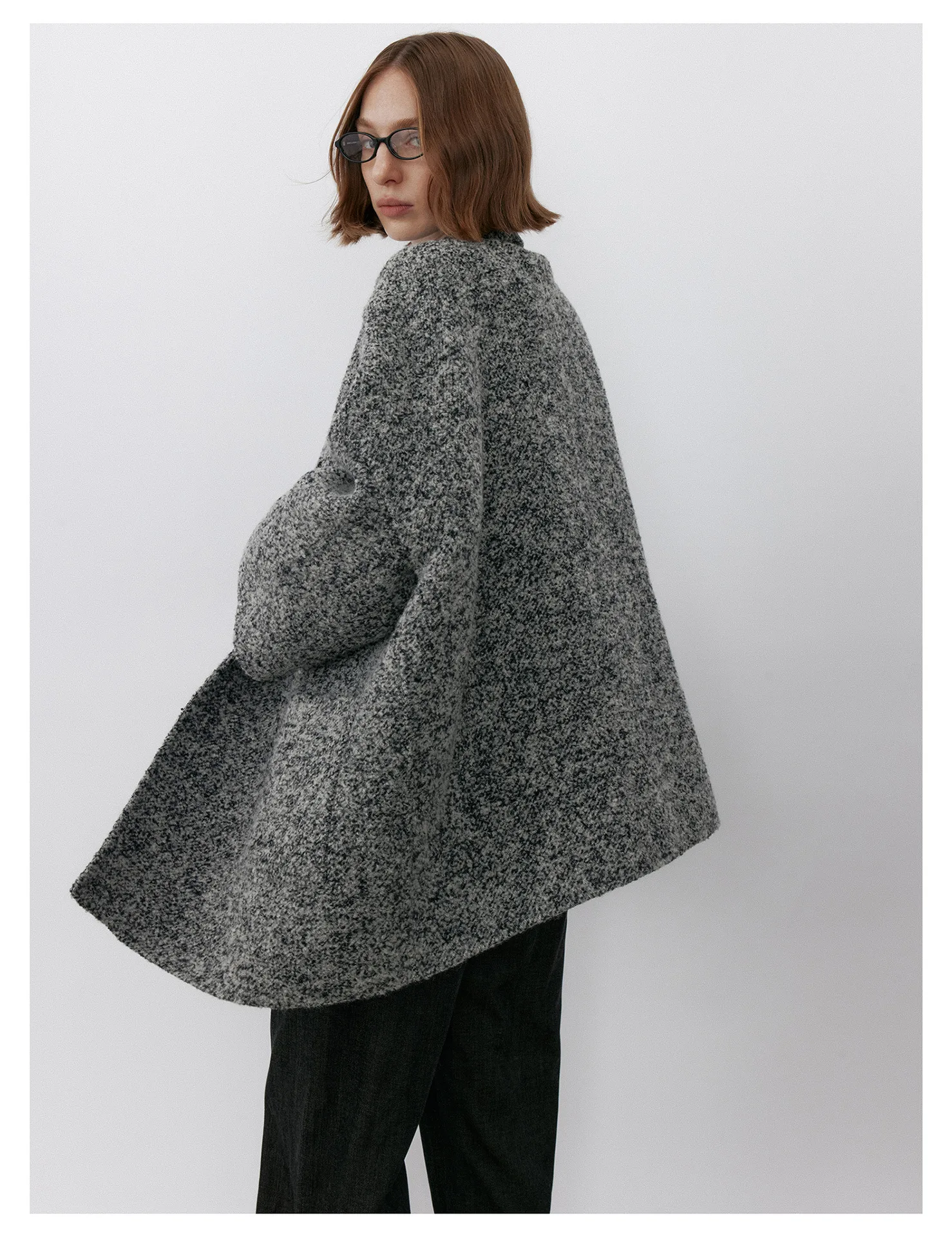 Women’s Collarless Mid-Length Loop Wool Coat – Relaxed Fit Textured Winter Outerwear - Image 2