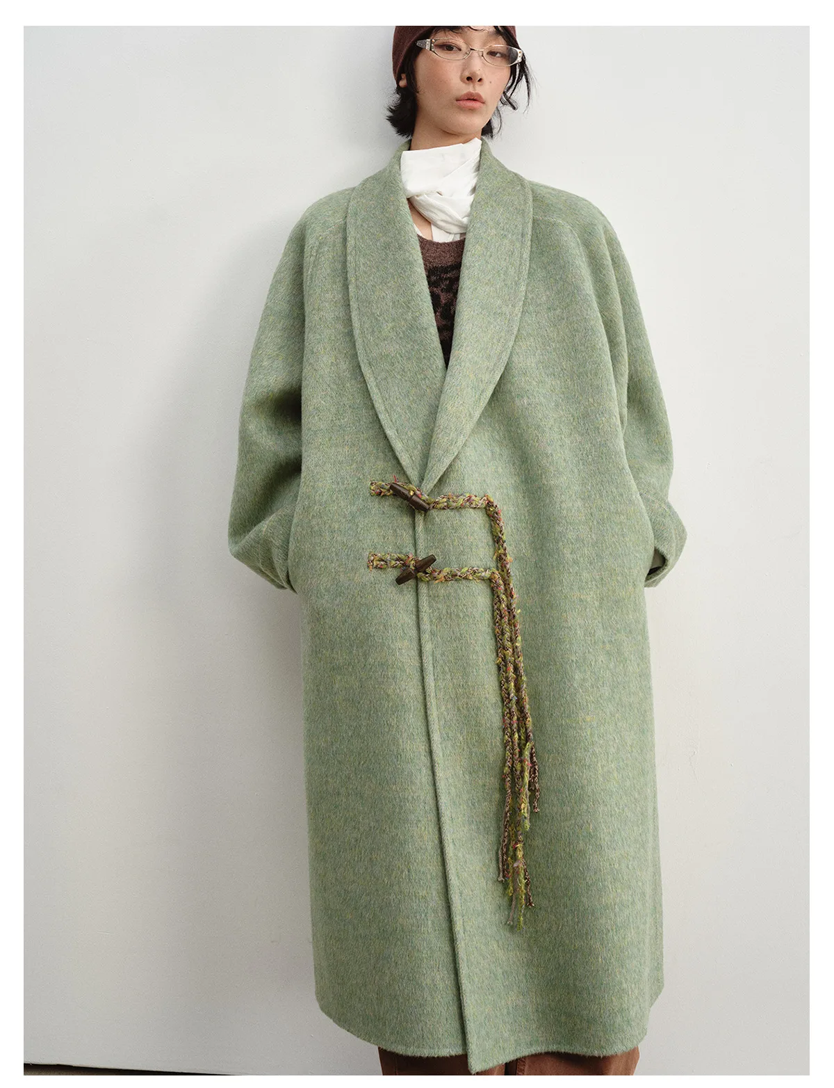 Women's Wool Double Face Coat, Tassel Detail Duffle Coat with Horn Buttons, V Neck Loose Fit Long Sleeve Winter Outerwear - Image 5
