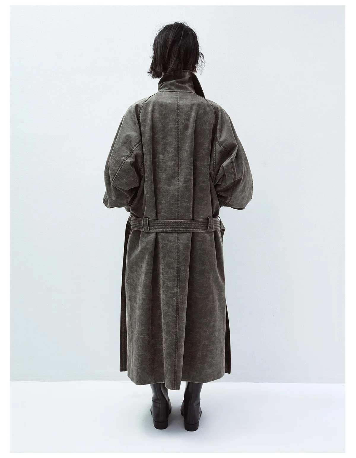 Women's Vintage Washed Trench Coat, Single Breasted Long Sleeve Jacket with Waist Tie Belt, Distressed Casual Outerwear - Image 4