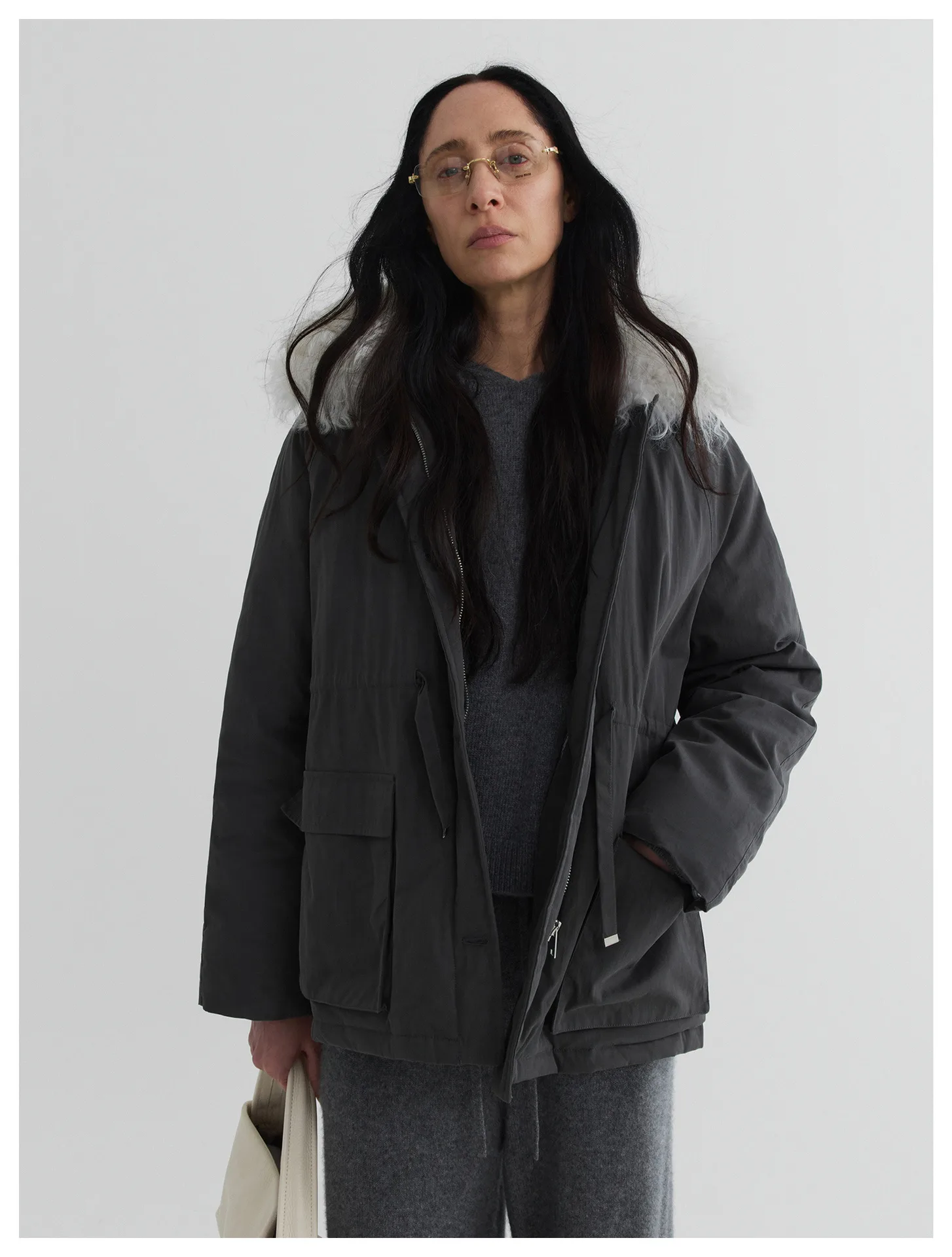 Women’s Shearling Wool Collar White Duck Down Drawstring Waist Utility Jacket – Warm Winter Outerwear - Image 7