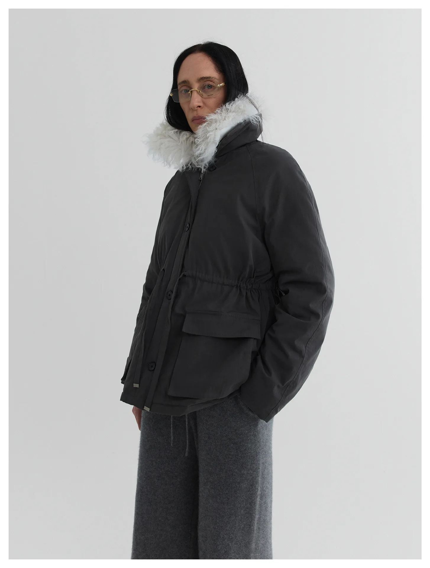 Women’s Shearling Wool Collar White Duck Down Drawstring Waist Utility Jacket – Warm Winter Outerwear - Image 6