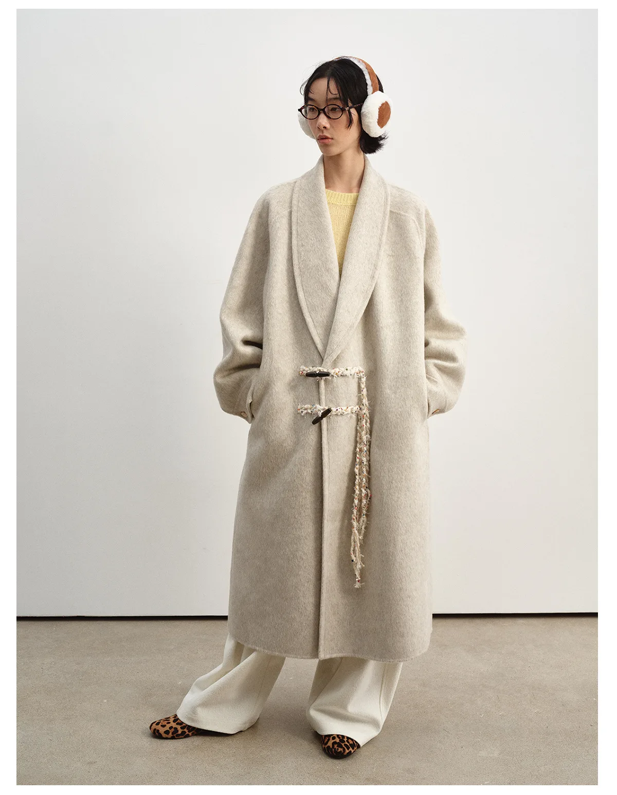 Women's Wool Double Face Coat, Tassel Detail Duffle Coat with Horn Buttons, V Neck Loose Fit Long Sleeve Winter Outerwear - Image 3