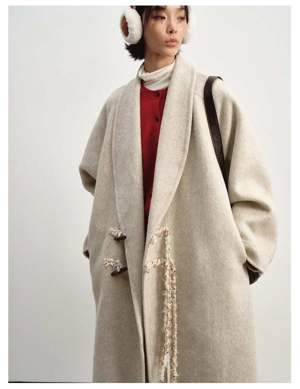 Women's Wool Double Face Coat, Tassel Detail Duffle Coat with Horn Buttons, V Neck Loose Fit Long Sleeve Winter Outerwear - Image 2