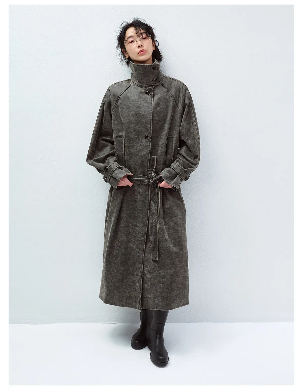 Women's Vintage Washed Trench Coat, Single Breasted Long Sleeve Jacket with Waist Tie Belt, Distressed Casual Outerwear