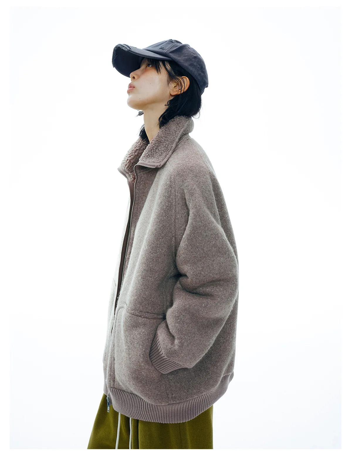 Women's Wool Blend Fleece Jacket, Warm Long Sleeve Zip Up Coat with Large Pockets, Cozy Casual Outerwear - Image 4