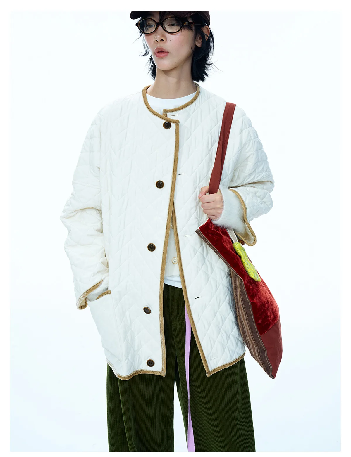 Women's Winter Quilted Cotton Jacket, Color Block Wool Blend Coat, Loose Fit Single Breasted Outerwear - Image 5