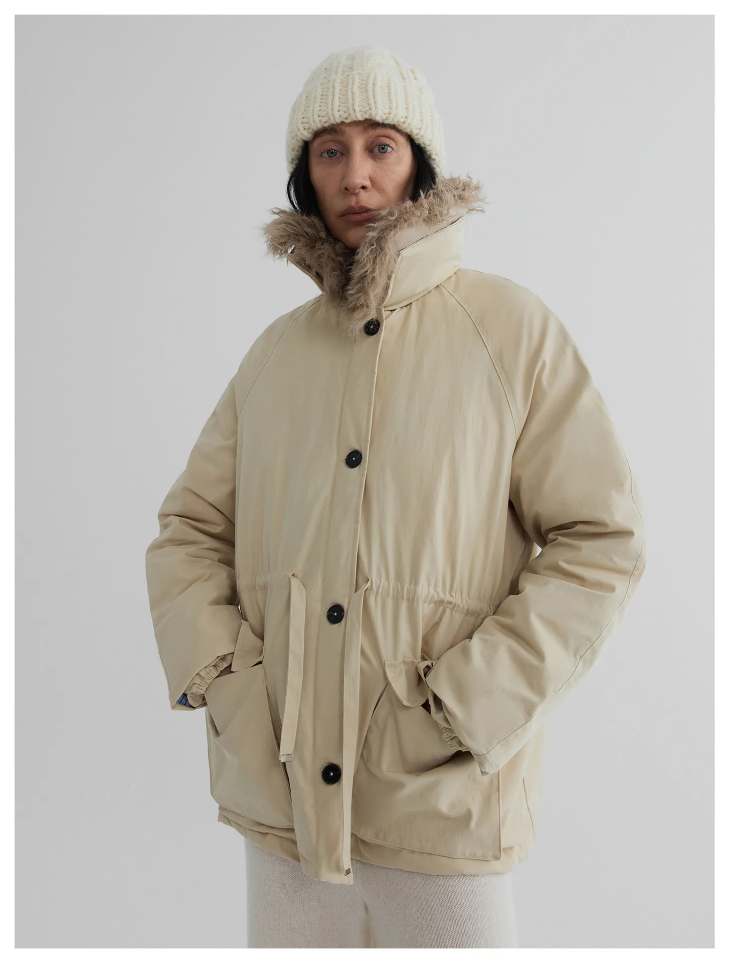Women’s Shearling Wool Collar White Duck Down Drawstring Waist Utility Jacket – Warm Winter Outerwear - Image 2