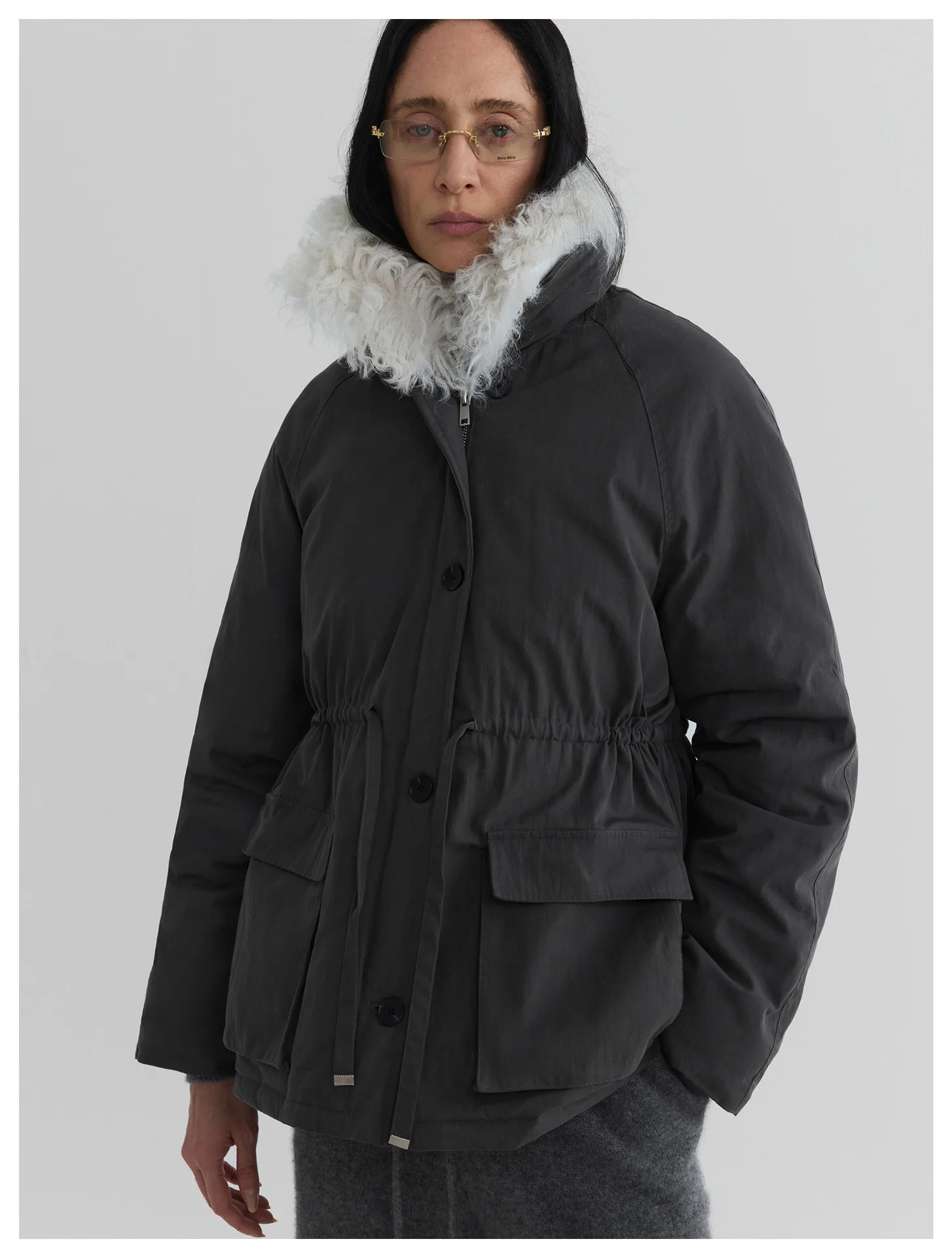 Women’s Shearling Wool Collar White Duck Down Drawstring Waist Utility Jacket – Warm Winter Outerwear - Image 5