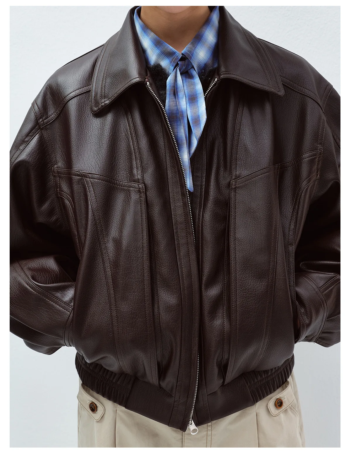 Women's Leather Jacket, Long Sleeve Lapel Collar Loose Fit Coat, Casual Oversized Motorcycle Outerwear - Image 6