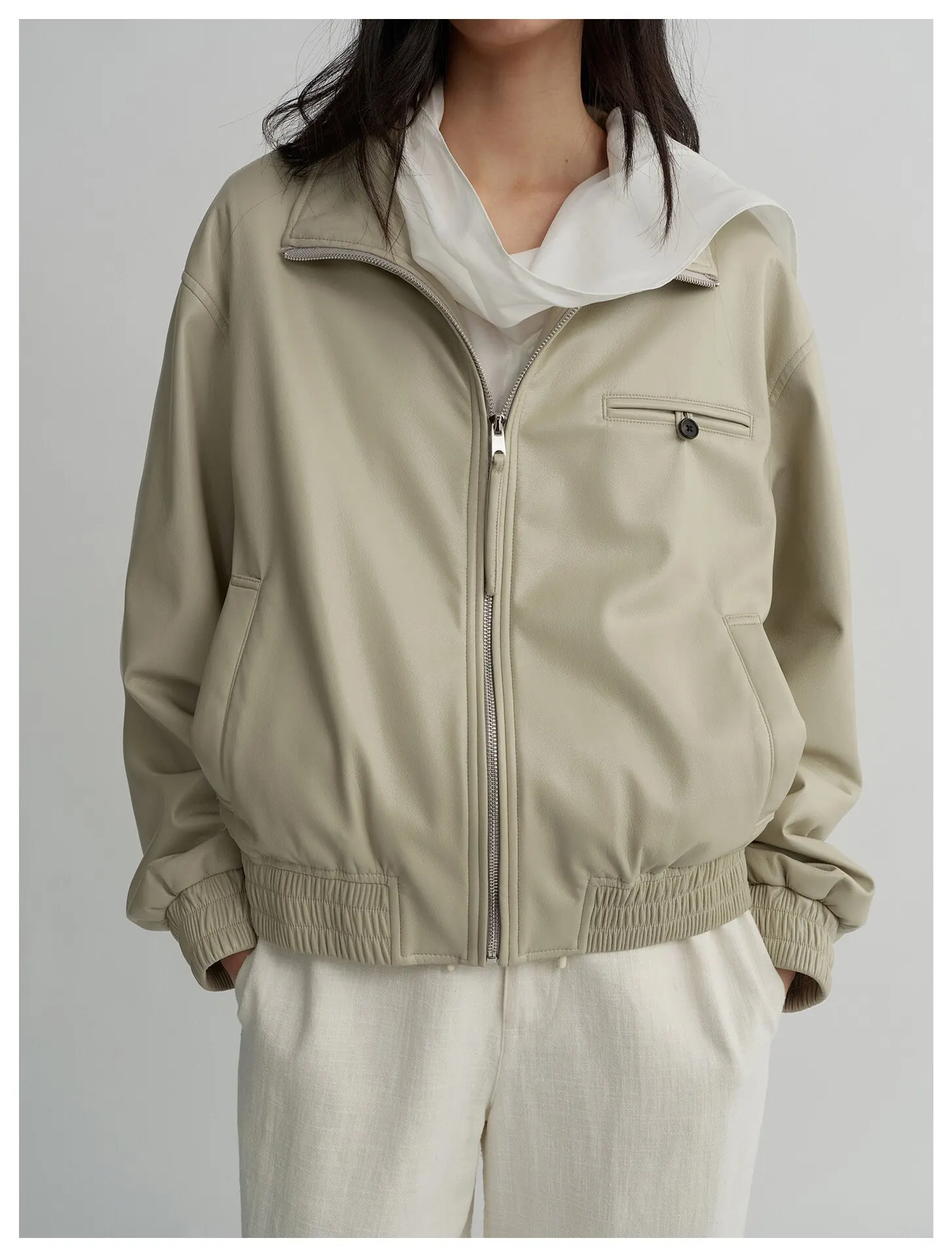 Women’s Stand Collar Leather Jacket – Oversized Zip Up Faux Leather Coat Casual Biker Jacket - Image 7