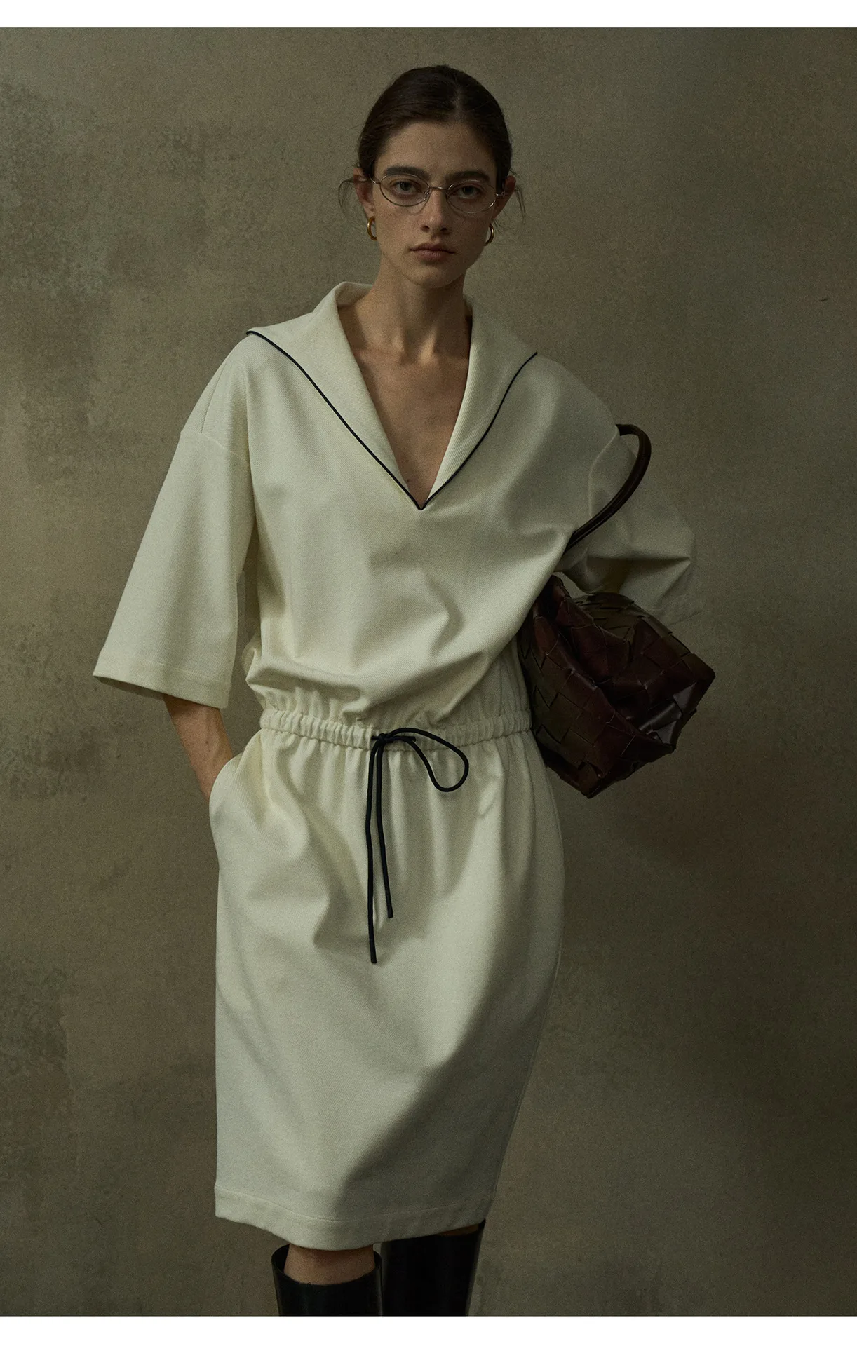 Women’s Wool Rayon Cotton Blend Color Block V Neck Textured Twill Dress - Image 4